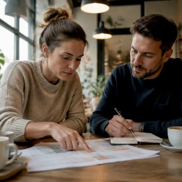 Eine Familie sitzt gemeinsam am Tisch und spricht darüber, wie viel Eigenkapital sie für den geplanten Hausbau einbringen kann.
