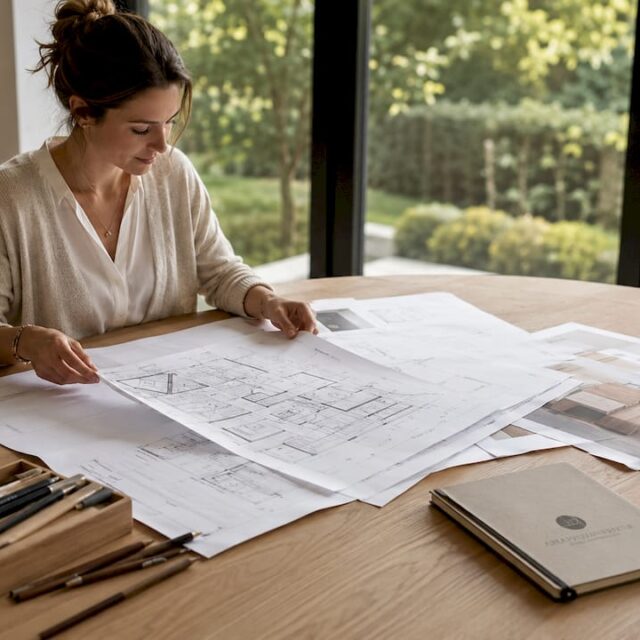 Ein Architekt prüft die Innenraumpläne für ein Massivhaus.