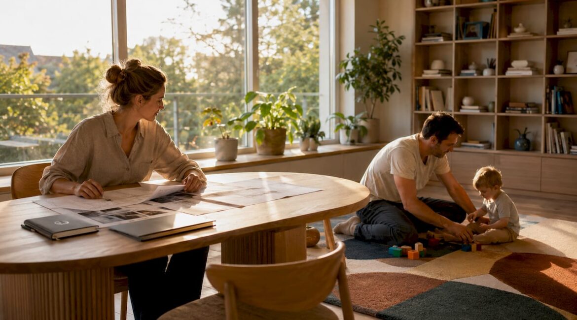 Eine Familie begutachtet gemeinsam im lichtdurchfluteten Wohnzimmer die Grundrisse ihres zukünftigen Zuhauses.