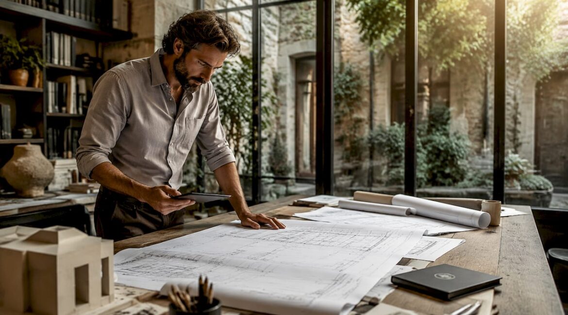 Ein Architekt begutachtet sorgfältig die detaillierten Baupläne.