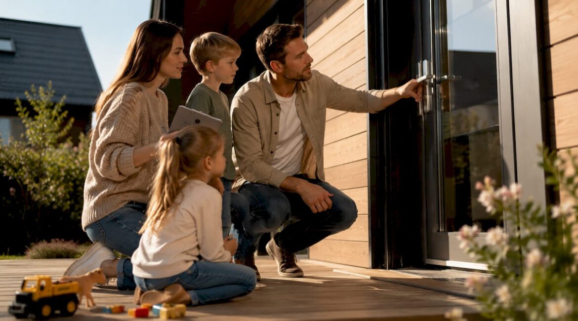 Eine Familie nimmt den Neubau unter die Lupe und überprüft die Sicherheitsvorkehrungen.