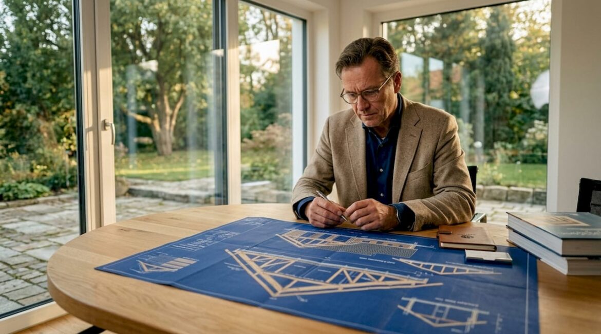 Der Architekt prüft die Pläne für die Dachkonstruktion.