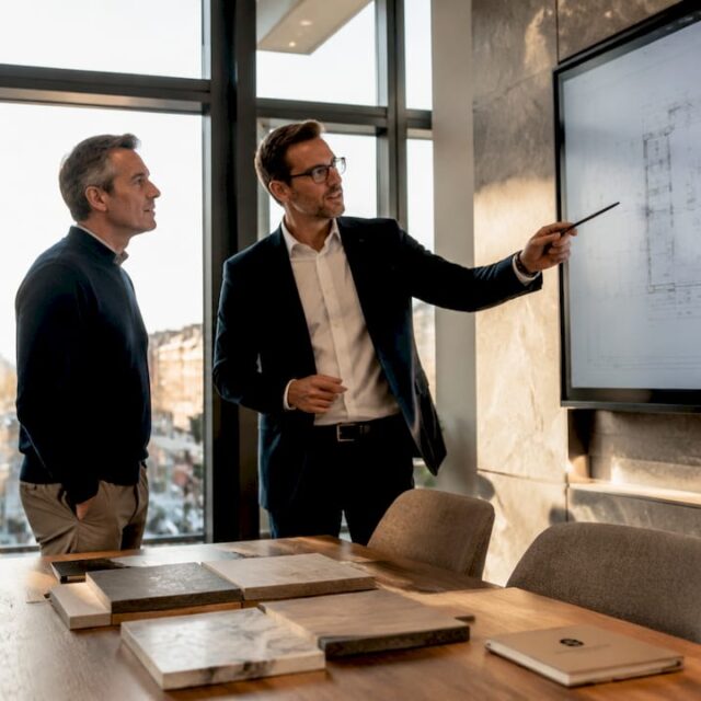 Der Bauherr sitzt gemeinsam mit seinem Fachberater am Tisch und diskutiert die geplanten Bauvorhaben im Detail.