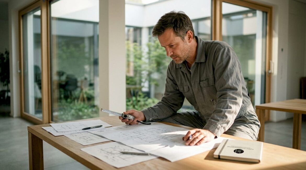 Ein Architekt begutachtet im Büro sorgfältig die Baupläne.