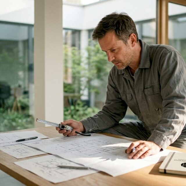 Ein Architekt begutachtet im Büro sorgfältig die Baupläne.