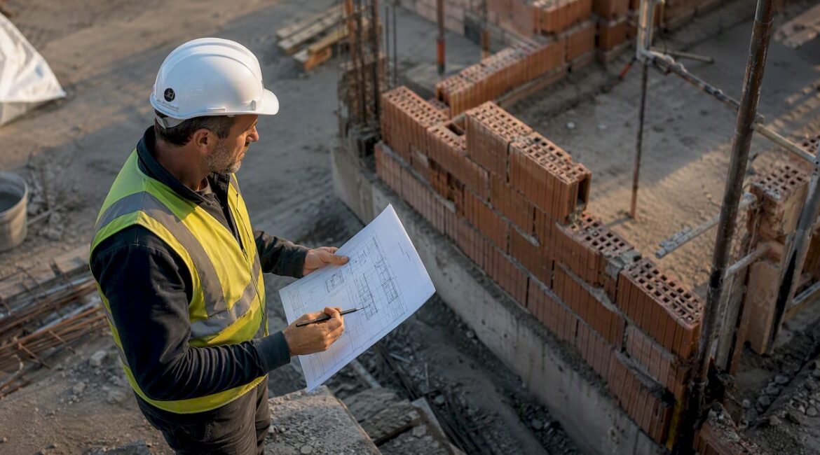 Ein Bauleiter verschafft sich mit seinem Klemmbrett einen Überblick über den Fortschritt auf der Baustelle.