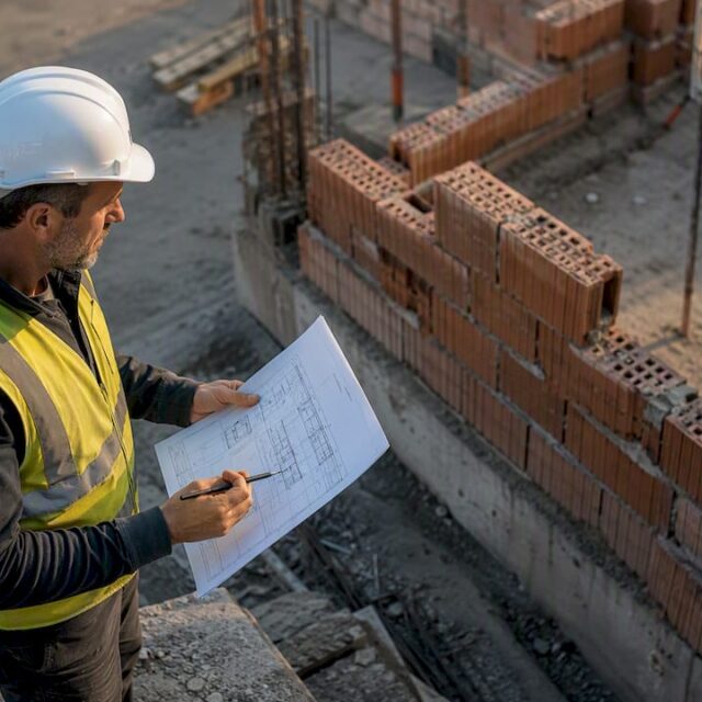 Ein Bauleiter verschafft sich mit seinem Klemmbrett einen Überblick über den Fortschritt auf der Baustelle.