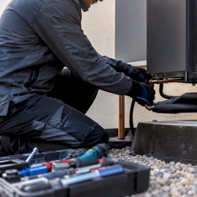 Moderne Haustechnik Ein Techniker installiert draußen an der Wärmepumpe neue Rohrleitungen.