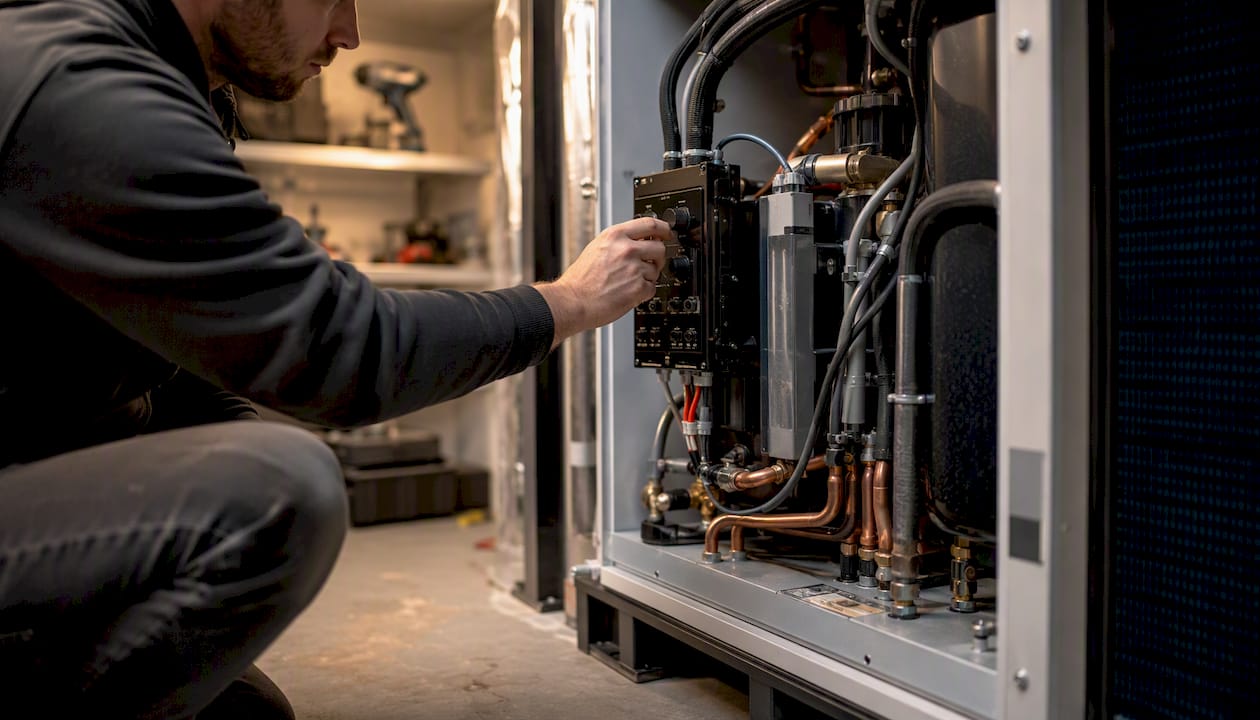 Ein Techniker stellt die Steuerung des Wärmepumpen-Kompressors per Hand ein.