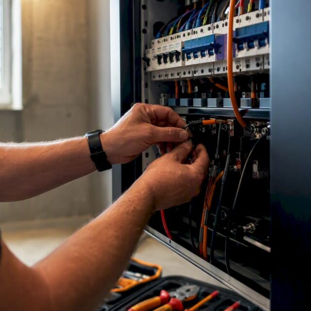 Nahaufnahme: Ein Techniker schließt die Kabel eines PV-Batteriespeichers an.