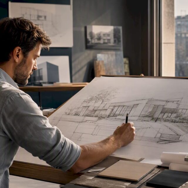 Ein Architekt richtet ein maßstabsgetreues Hausmodell sorgfältig aus.