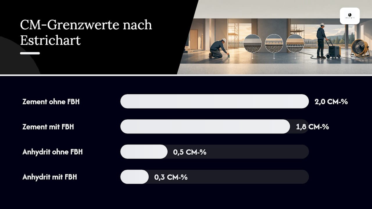 Übersicht der zulässigen CM-Feuchtewerte für verschiedene Estricharten