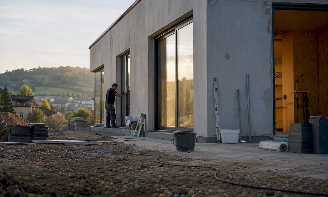 Baustelle für ein Wohnhaus an einer vielbefahrenen, lauten Straße