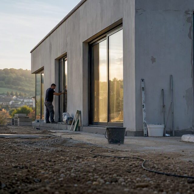 Baustelle für ein Wohnhaus an einer vielbefahrenen, lauten Straße