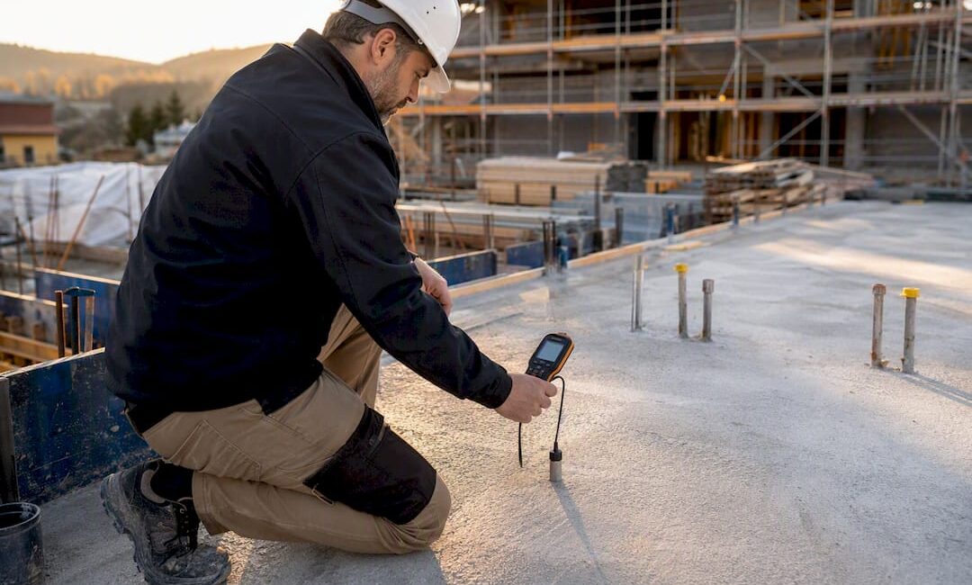 Ein Bauleiter überprüft vor Ort das Fundament.