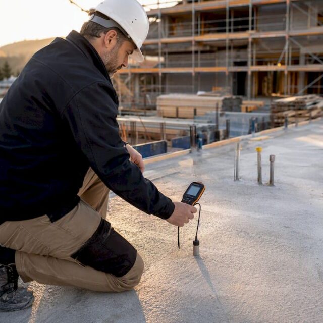 Ein Bauleiter überprüft vor Ort das Fundament.