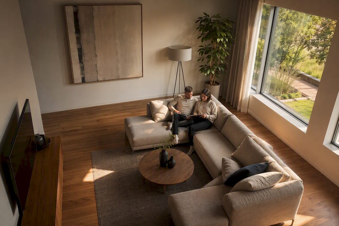 Bungalow-Innenraum mit mittlerer Ausstattung und Bodenbelag