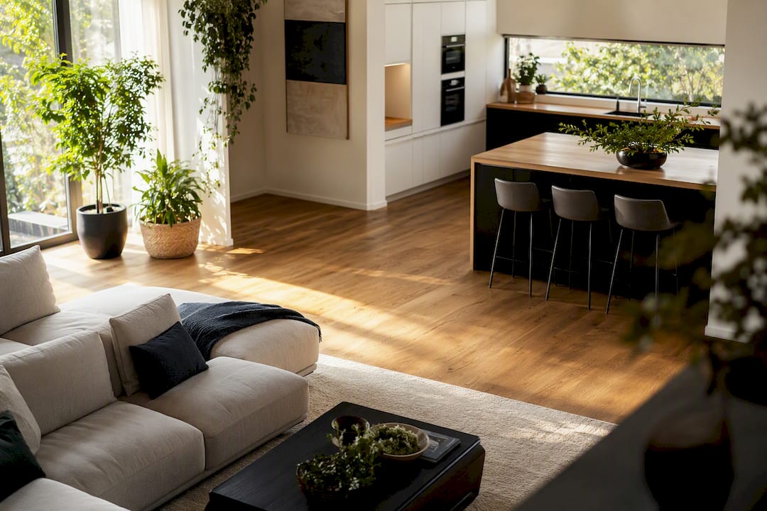 Helles Wohnzimmer mit viel Tageslicht und offenem Grundriss