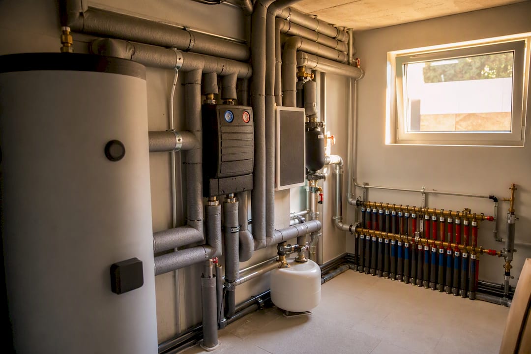 Hydraulische Rohrleitungen der Wärmepumpe im Keller des Neubaus