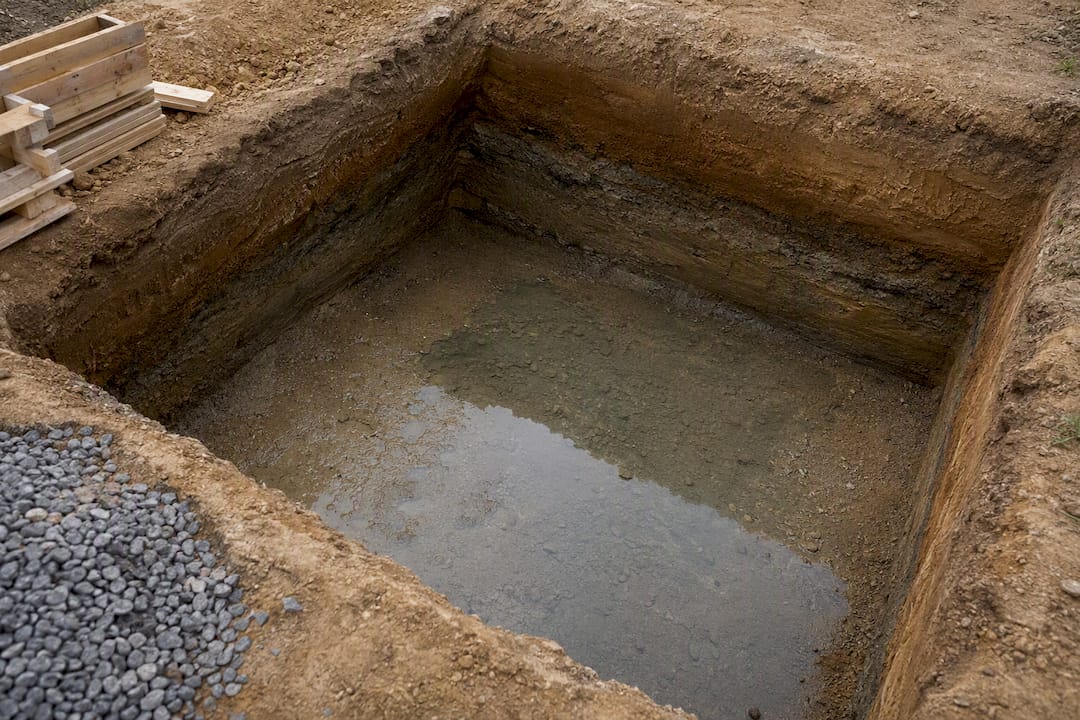 Wasseransammlung in einer Baugrube aufgrund von Grundwasser