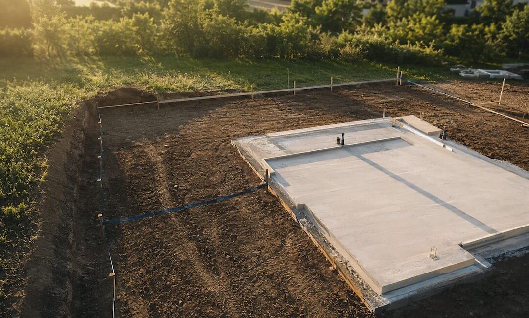 Baustellenfläche mit Bodenplatte im Sonnenlicht