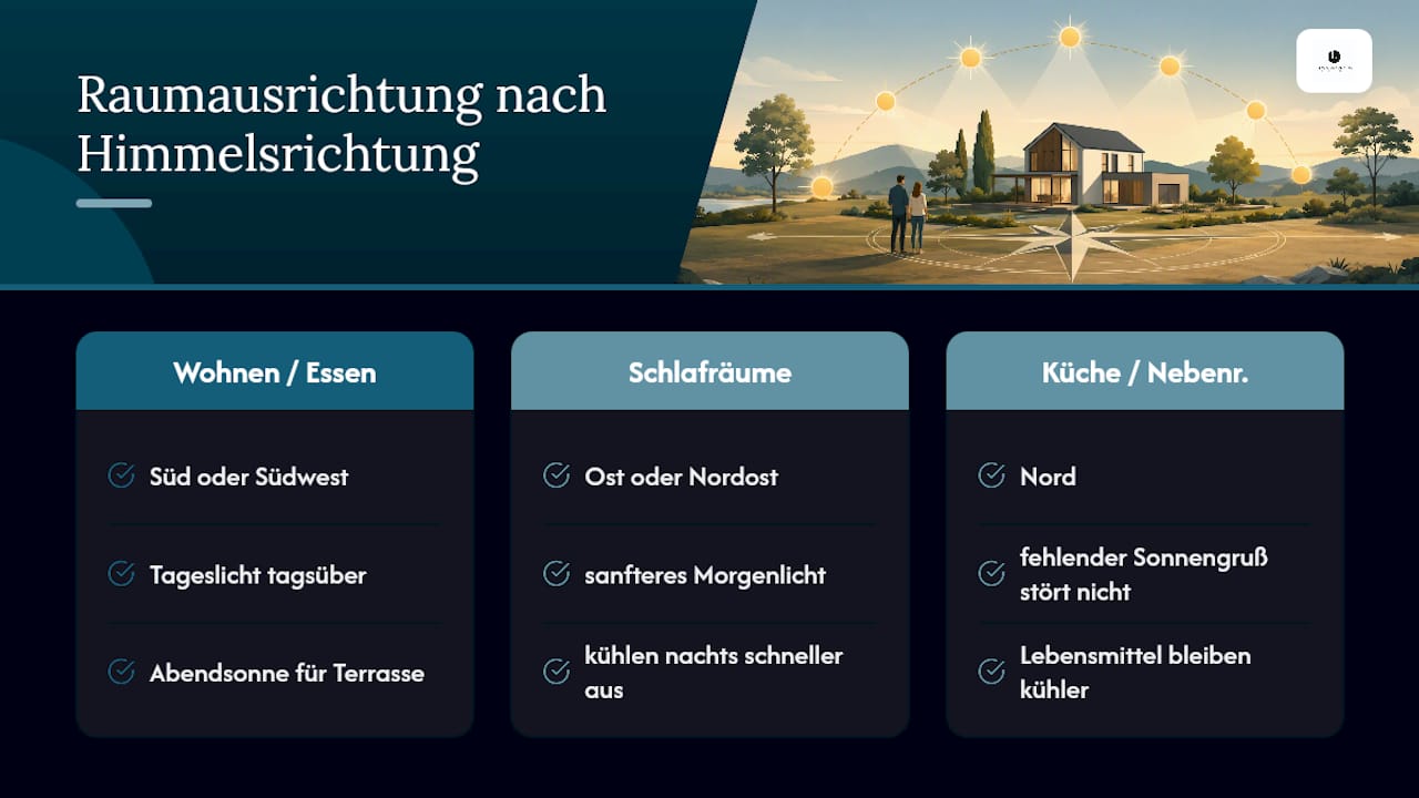 Grundriss mit Raumaufteilung nach Himmelsrichtung