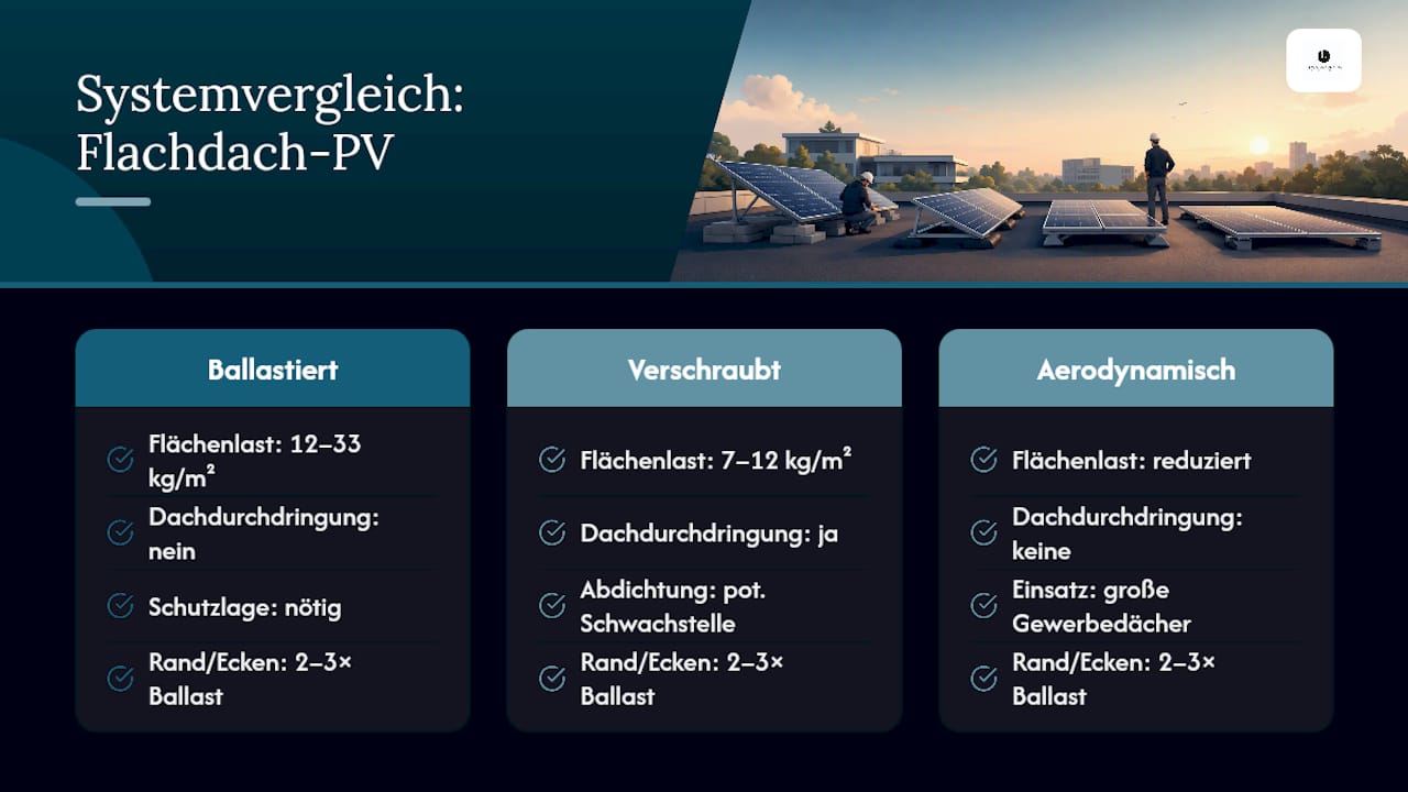 Vergleich von drei Montagesystemen für Flachdach-PV-Anlagen