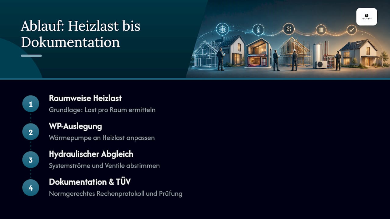 Vierstufiger Prozess von der Heizlastberechnung bis zur Dokumentation
