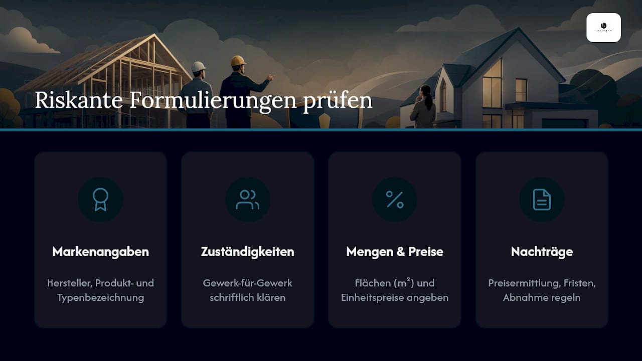 Vier Prüfbereiche riskanter Baubeschreibungen