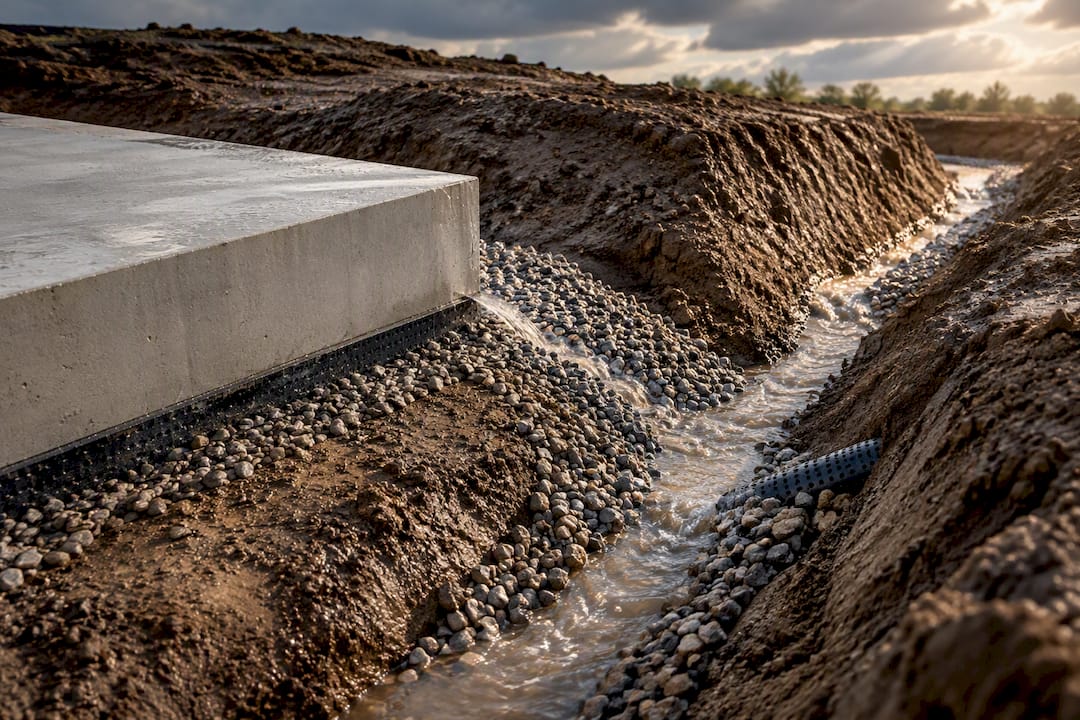 Temporärer Kiesgraben zur Ableitung von Regenwasser