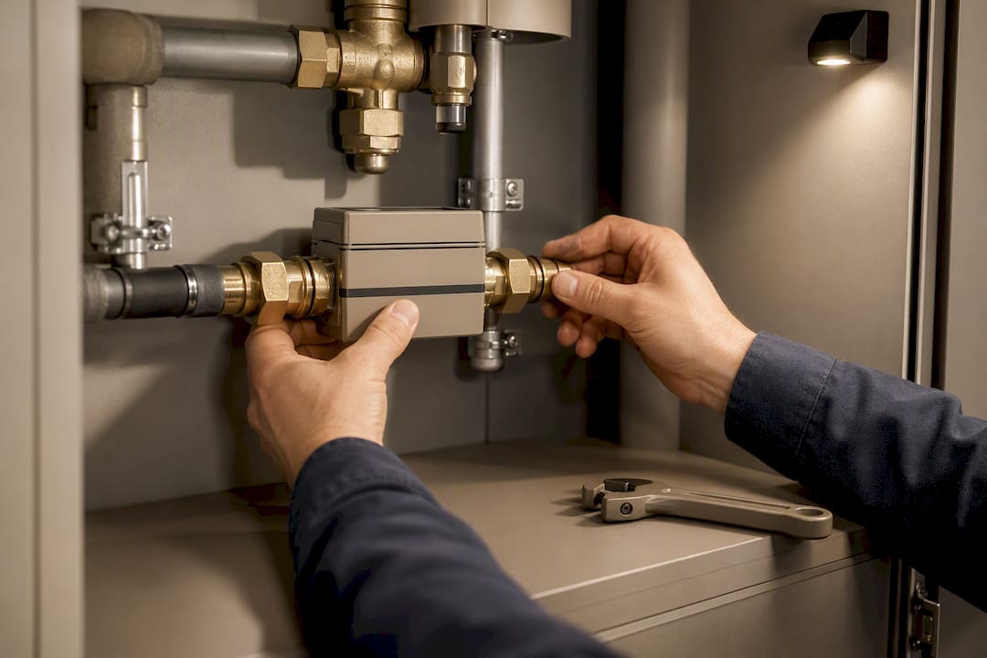 Installateur überprüft separaten Wärmemengenzähler