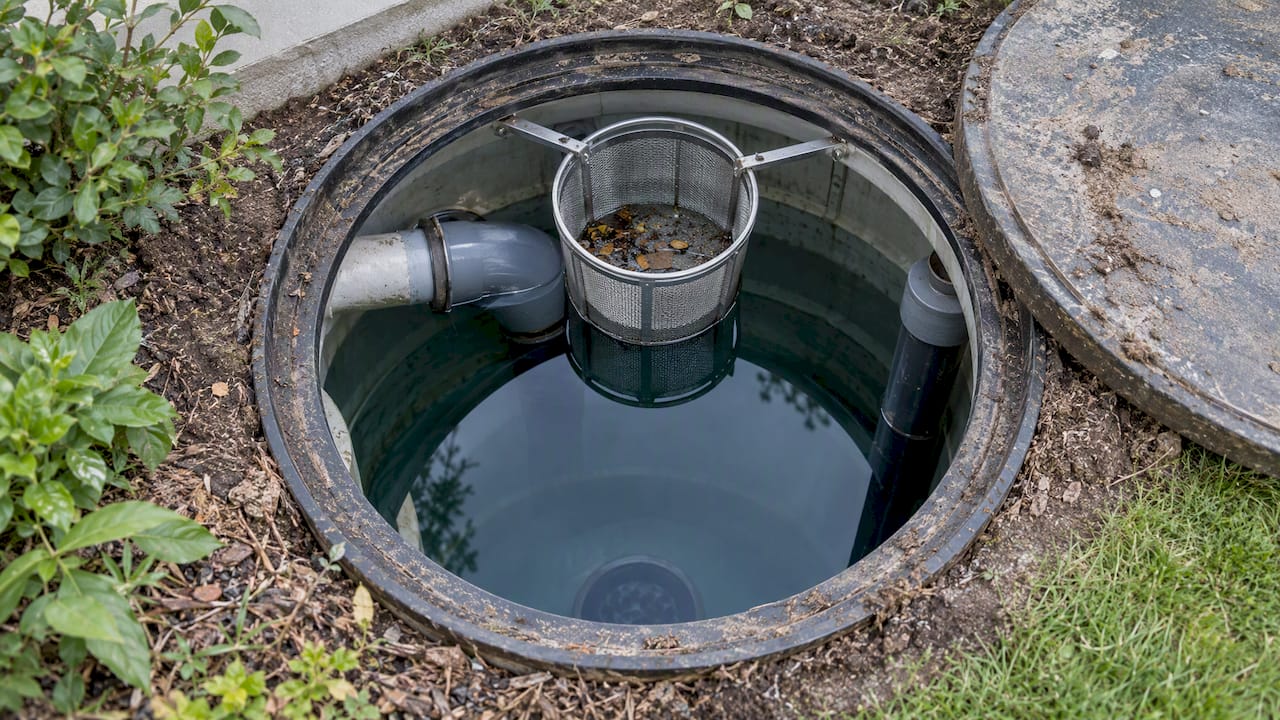 Filterkorb und Wasseroberfläche einer Zisterne